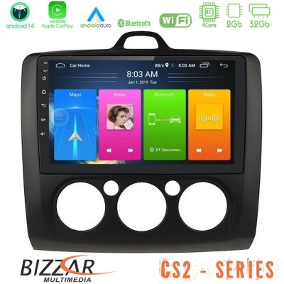 Bizzar CS2 Series 4Core Android14 2+32GB Ford Focus Manual AC Navigation Multimedia Tablet 9" (Μαύρο Χρώμα) Με Carplay & Android Auto