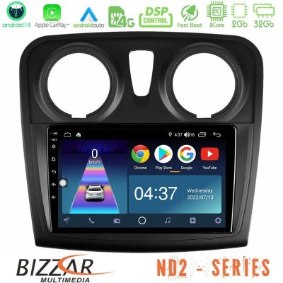 Bizzar ND2 Series 8Core Android14 2+32GB  Dacia Sandero/Dokker 2014-2020 Navigation Multimedia Tablet 9" Με Carplay & Android Auto